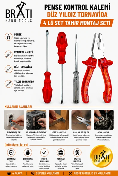 BRATİ HAND TOOLS Pense Kontrol Kalemi Düz Yıldız Tornavida 4 Lü Set Tamir Montaj Seti ürün görseli 1