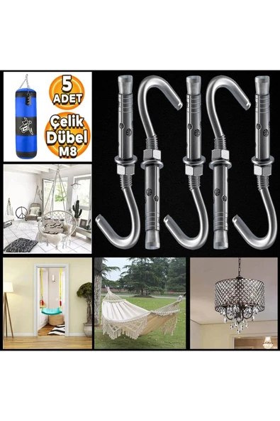 BRATİ HAND TOOLS Kancalı Çelik Dübel M8 Salıncak Boks Torbası Avize İçin Gömlekli Açık Ağız Kanca 5 ADET ürün görseli 1