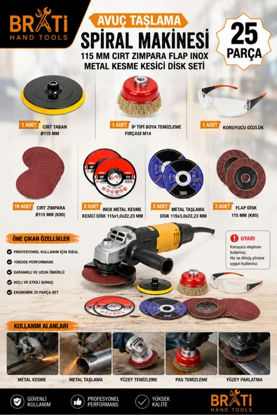 BRATİ HAND TOOLS Avuç Taşlama Spiral Makinesi 115 Mm Cırt Zımpara Flap Inox Metal Kesme Kesici Disk Seti 25 Parça ürün görseli 1