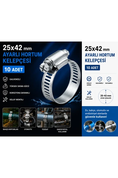 BRATİ HAND TOOLS Hortum Kelepçesi Tork Ayarlı 25x42 mm Galveniz Kaplama Boru Metal Kelepçe Ayarlanabilir Klips 10 ADET ürün görseli 1