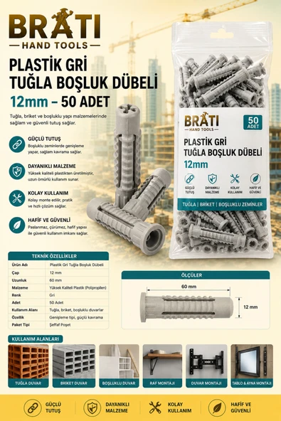BOLTER 12Mm Tuğla Boşluk Dübeli 50 Adet ürün görseli 1