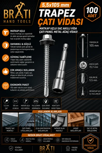 BRATİ HAND TOOLS 5,5X105 Çatı Trapez Sac Vida Çatı Panel Metal Vidası 100 Adet Trapez Çatı Vidası M8 Adaptörlü ürün görseli 1