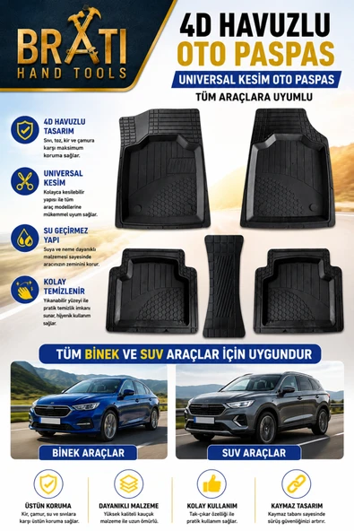 BRATİ HAND TOOLS 4D Havuzlu Oto Paspas Universal Kesim Oto Paspas Tüm Araçlara Uyumlu ürün görseli 1