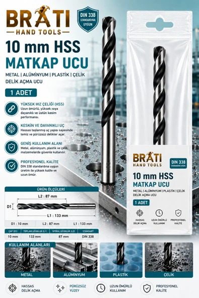 BRATİ HAND TOOLS 10 Mm Hss Matkap Ucu Metal Alüminyum Ahşap Çelik Delme Uç Delik Açma Ucu 1 ADET ürün görseli 1