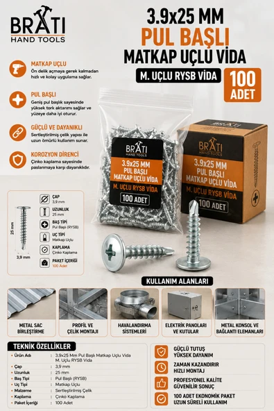 BRATİ HAND TOOLS 3.9x25 Mm Pul Başlı Matkap Uçlu Vida (100 Adet) M. Uçlu RYSB Vida ürün görseli 1