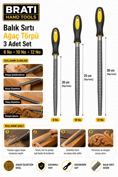 BRATİ HAND TOOLS Plastik Saplı Ağaç Törpü Balık Sırtı Rende Ahşap Eğe 3 Parça 8-10-12 No 3'lü Set ürün görseli 1