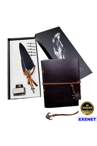 EXENET Divit Kalem Seti Pusula Motifli Deri Kapaklı Defter El Yapımı Vintage Yazı Takımı Özel Hediye Seti ürün görseli 1