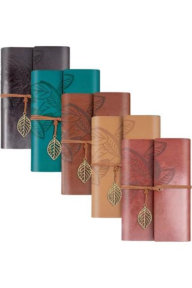 Wolawood Lüks Seri Dört (5) Adet Deri Defter Yaprak Desenli, Eskitme Sayfa, Spiralli, Bağcıklı Vintage Anı & Hatıra, Ajanda, Günlük Not Defteri Hediyelik Set ürün görseli 1