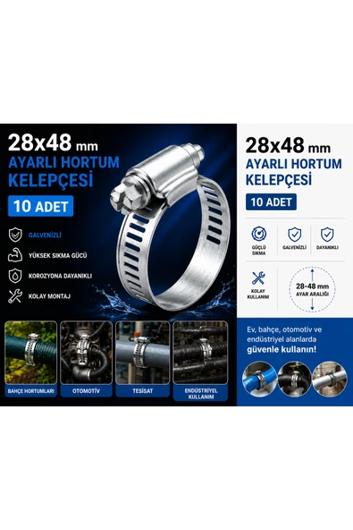 BRATİ HAND TOOLS Ayarlı Hortum Kelepçesi Ayarlı 28x48 mm Galvenizli Boru Metal Kelepçe Ayarlanabilir Klips 10 ADET ürün görseli 1