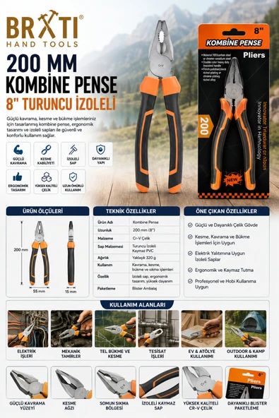 BRATİ HAND TOOLS 200 Mm Kombine Pense 8'' Turuncu İzoleli ürün görseli 1