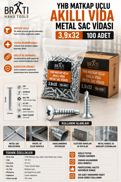 BRATİ HAND TOOLS Yhb Matkap Uçlu Akıllı Vida Metal Sac Vidası 3,9X32 ( 100 Adet ) ürün görseli 1