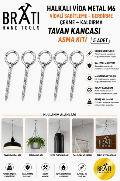 BRATİ HAND TOOLS Halkalı Metal M6 Vidalı Sabitleme Gerdirme Çekme Kaldırma Tavan Kancası Asma Kiti Civata -5 Adet ürün görseli 1