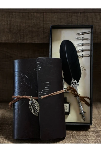 CAVAŞ sun hat Divit Hokka Kalem Yaprak Desenli Eskitme Defter Seti ürün görseli 1