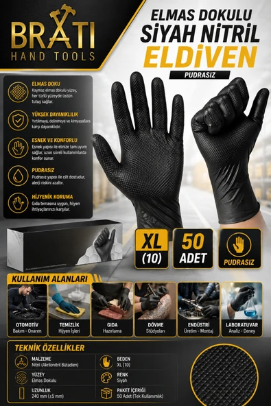 BRATİ HAND TOOLS Elmas Dokulu Siyah Nitril Eldiven XL (10) Pudrasız 50 Adet ürün görseli 1