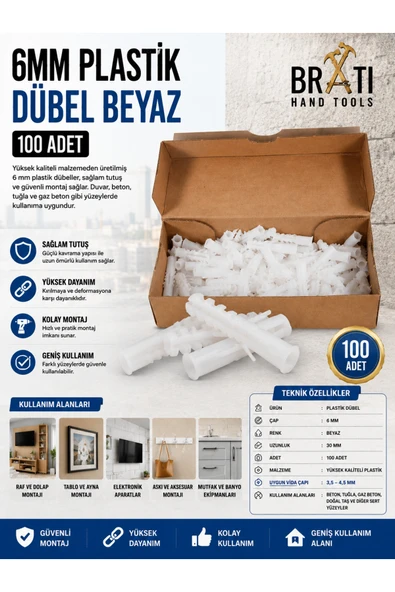 BRATİ HAND TOOLS 6mm Plastik Dübel Beyaz Made 100 Adet ürün görseli 1
