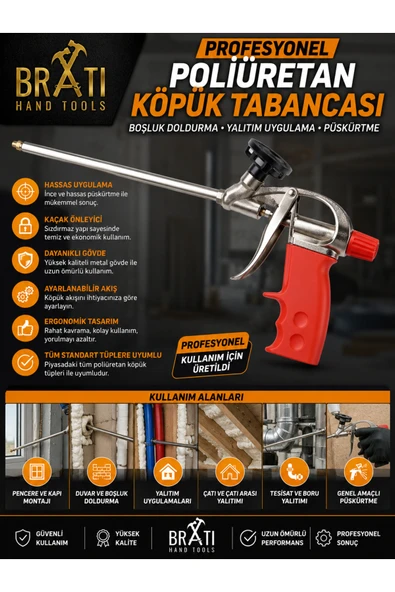 BRATİ HAND TOOLS Profesyonel Poliüretan Köpük Tabancası Boşluk Doldurma Yalıtım Uygulama Püskürtme ürün görseli 1