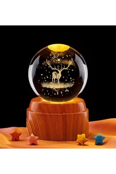 Wolawood Premium Dönen Kristal Cam Küre 3D Led Işıklı USB'li Gece Lambası Masaüstü Dekoratif Hediyelik Set ürün görseli 1