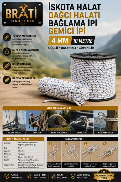 BRATİ HAND TOOLS İskota Halat Dağcı Halatı Bağlama ipi Gemici ipi 4 mm 10 metre ürün görseli 1