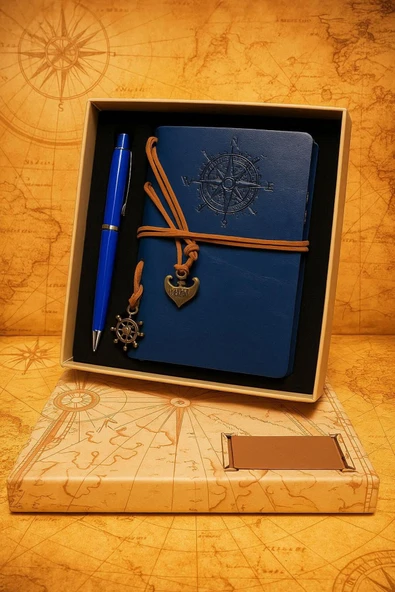 Wolawood Lüks Vintage Deri Defter Pusula Detaylı Hatıra Günlüğü Eskitme Sayfalı Kutulu Vip Kalem Hediyeli Set ürün görseli 1