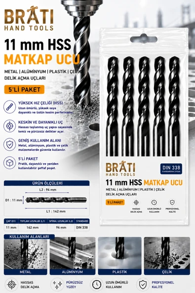 BRATİ HAND TOOLS 11 Mm Hss Matkap Ucu Metal Alüminyum Ahşap Plastik Çelik Delik Açma Uçları (5 Adet) ürün görseli 1