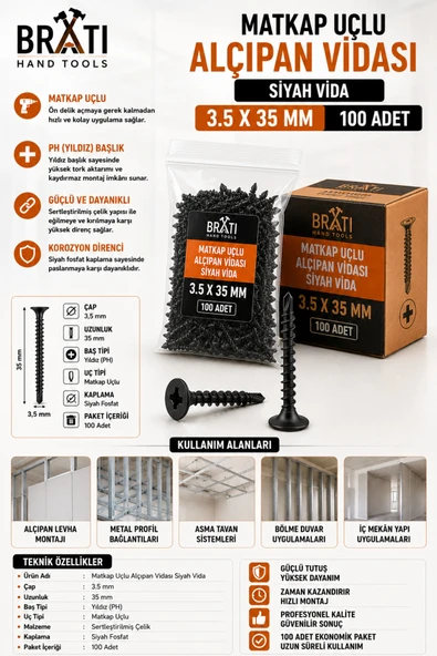 BRATİ HAND TOOLS Matkap Uçlu Alçıpan Vidası Siyah Vida 3.5 X 35 Mm 100 Adet ürün görseli 1