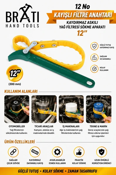 BRATİ HAND TOOLS 12 No Kayışlı Filtre Anahtarı Kaydırmaz Askılı Yağ Filtresi Sökme Aparatı 12'' ürün görseli 1