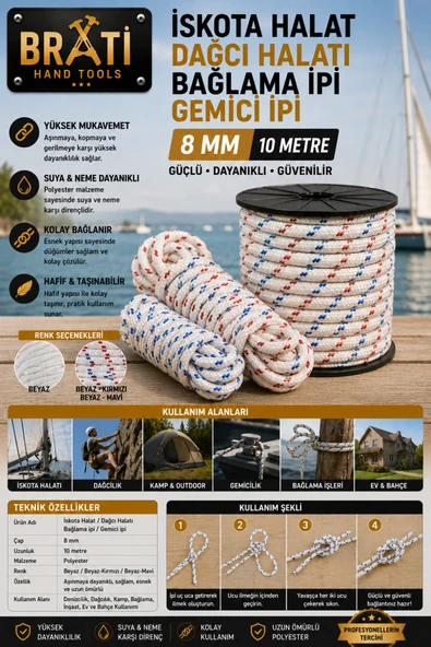 BRATİ HAND TOOLS 8mm İskota Halat Dağcı Halatı Bağlama ipi Gemici ipi 10 metre Beyaz ürün görseli 1