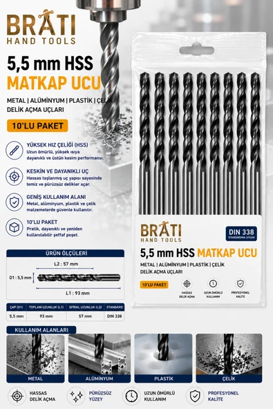 BRATİ HAND TOOLS 5,5 Mm Hss Matkap Uçları 10 Adet Paket Metal Alüminyum Plastik Çelik Delme Uç Delik Açma Uçları ürün görseli 1