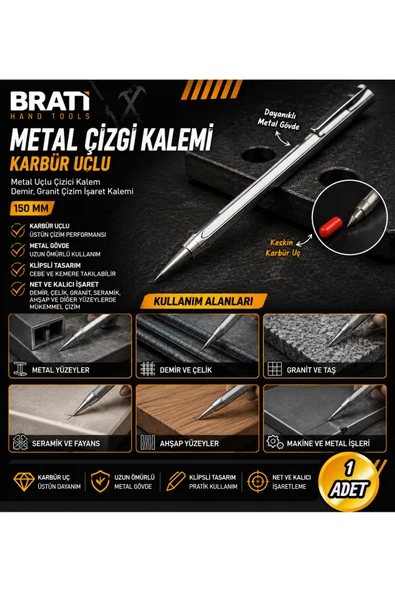 BRATİ HAND TOOLS Karbür Uçlu Çizgi Kalemi Metal Uçlu Çizici Kalem Demir Granit Çizim İşaret Kalemi 150 Mm ürün görseli 1