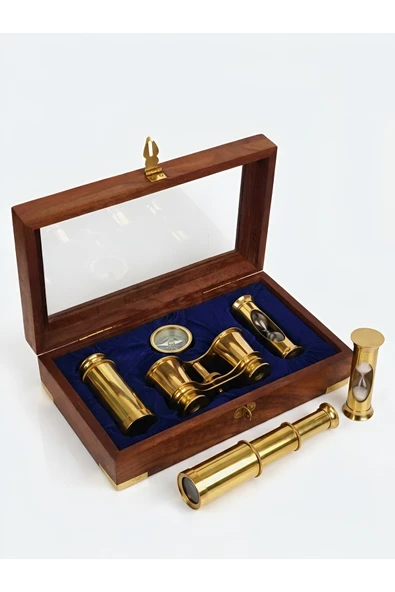 Wolawood Imperial Collection Ahşap Kutulu Pirinç Dürbün Pusula Kum Saati Seti Exclusive Denizci Temalı Luxury VIP Hediye Sınırlı Sayıda ürün görseli 1