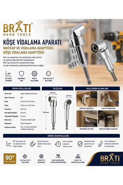 BRATİ HAND TOOLS Köşe Vidalama Aparatı Matkap Ve Vidalama Adaptörü Köşe Vidalama Adaptörü ürün görseli 1