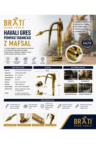 BRATİ HAND TOOLS Z Mafsallı Havalı Çelik Pnömatik Yağlama Makinesi Gres Gresleme Tabancası Pompası ürün görseli 1