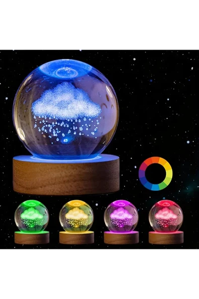 Wolawood Yağmur Bulut Temalı 3D Kristal Cam Küre RGB Renk Değiştiren LED Işıklı USB Kablolu Ahşap Standlı Set ürün görseli 1