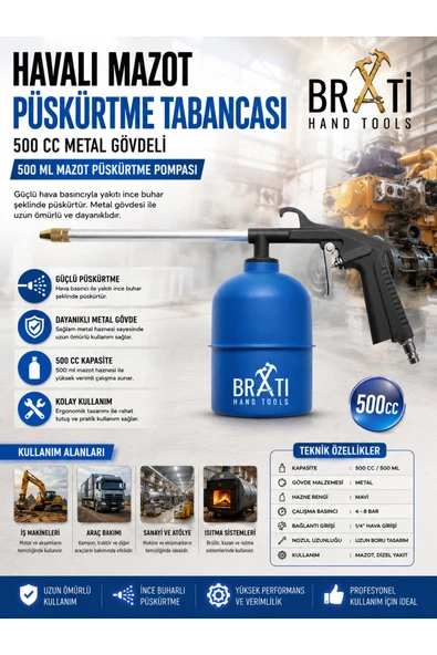 BRATİ HAND TOOLS Havalı Mazot Püskürtme Tabancası 500 cc Metal Gövdeli 500 ml Mazot Püskürtme Pompası Mavi Renk ürün görseli 1