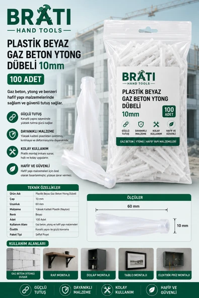 BRATİ HAND TOOLS Beyaz Gaz Beton Ytong Dübeli 10 Mm 100 Adet Yutong ürün görseli 1