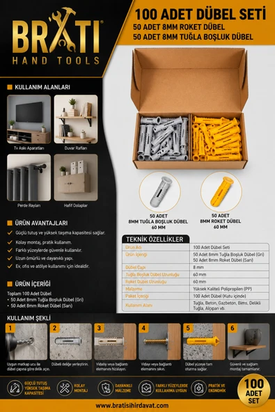 BRATİ HAND TOOLS 100 Adet Dübel Seti, 50 Adet 8mm Roket Dübel Ve 50 Adet 8mm Tuğla Boşluk Dübel ürün görseli 1