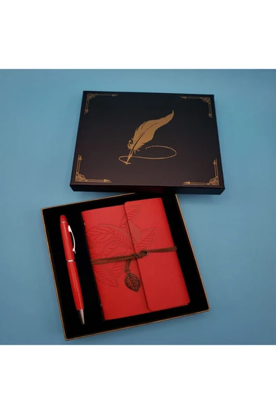 CAVAŞ sun hat Kırmızı Renk Yaprak Desenli İşlemeli Deri Defter Ve Kalem Seti Ajanda Seti Kutu Hediyeli ürün görseli 1