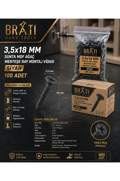 BRATİ HAND TOOLS 100 Adet 3,5x18 Sunta Ağaç Menteşe Ray Montaj Vidası Siyah (100 Adet) ürün görseli 1