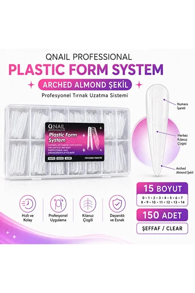Dual Nail Form Arched Almond Şeffaf Protez Tırnak Uzatma Kalıbı 15 Boy 150 Adet ürün görseli 1