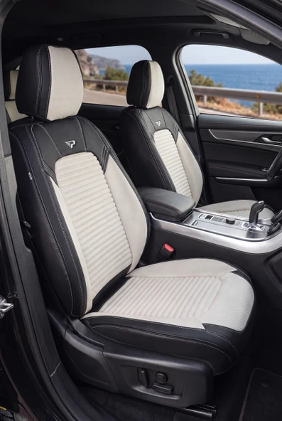PANDA PREMIUM GRAND SERISI DERİ VE KETEN KUMAŞ OTO KOLTUK KILIFI - TAM SET- KEMİK - SİYAH ürün görseli 1