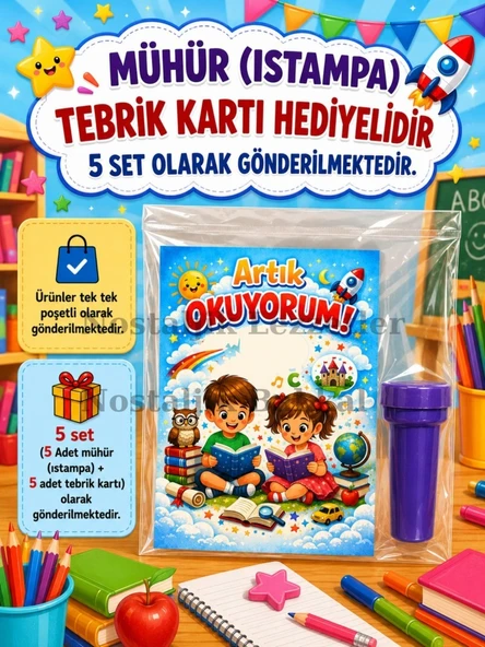 Okumayı Yeni Öğrenen Öğrencilere 5 Set 1. Sınıf Hatırası Mühür (Istampa) Tebrik Kartı Hediyeli ürün görseli 1
