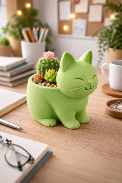 Otscraft Studio Kedi Sukulent Saksısı 3D Baskı Dekoratif Çiçek Saksısı Masaüstü Ofis ve Ev Dekoru Sevimli Kedi Tasarımı ürün görseli 1
