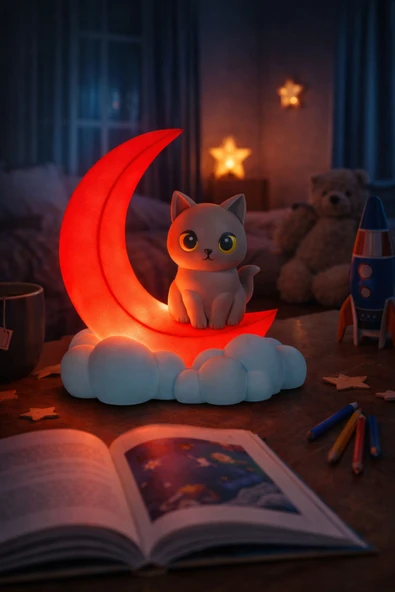 Otscraft Studio Kırmızı Hilal ve Kedi Gece Lambası – Dekoratif LED Masa Lambası, Ortam Işığı ürün görseli 1