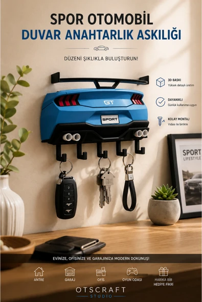 Otscraft Studio Spor Otomobil Temalı Duvar Anahtarlık Askılığı 3D Baskı Dekoratif Key Holder ürün görseli 1