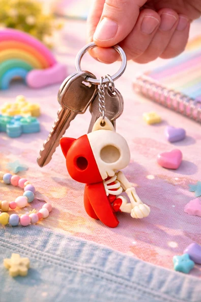 Otscraft Studio İskelet Kedi Anahtarlık Çanta Süsü Skull Cat Eğlenceli Tasarım ürün görseli 1