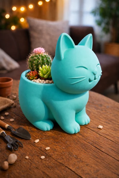 Otscraft Studio Kedi Sukulent Saksısı 3D Baskı Dekoratif Çiçek Saksısı Masaüstü Ofis ve Ev Dekoru Sevimli Kedi Tasarımı ürün görseli 1