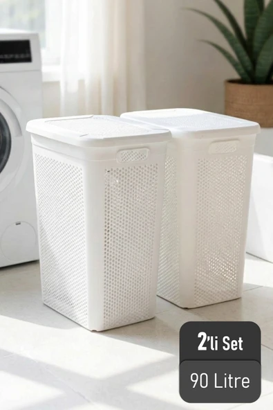 Slim 2'li Kapaklı Dekoratif Kirli Çamaşır Oyuncak Sepeti Çok Amaçlı Sepet 90 Litre - Beyaz ürün görseli 1