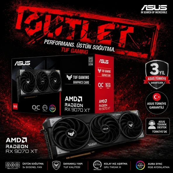 Asus RX 9070 TUF Gaming OC Edition TUF-RX9070-O16G-GAMING 256 Bit GDDR6 16 GB Oyuncu (Gaming) Ekran Kartı ürün görseli 1