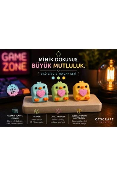 Otscraft Studio Civciv Keycap 3'lü Klavye Tuşu Mekanik Klavye Uyumlu Cherry MX 3D Baskı Koleksiyon Ürünü ürün görseli 1