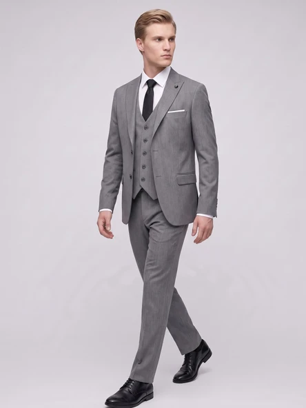 TK6896 Erkek 3 Parça Slim Fit Çift Yırtmaçlı Takım Elbise Yelekli Şık Klasik Takım 6 Drop ürün görseli 1